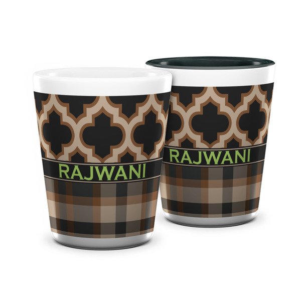Custom Moroccan & Plaid Ceramic Shot Glass - 1.5 oz (Personalized)