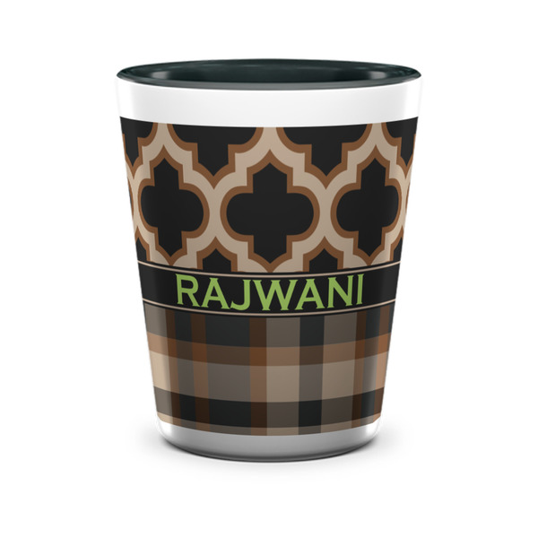 Custom Moroccan & Plaid Ceramic Shot Glass - 1.5 oz - Two Tone - Set of 4 (Personalized)