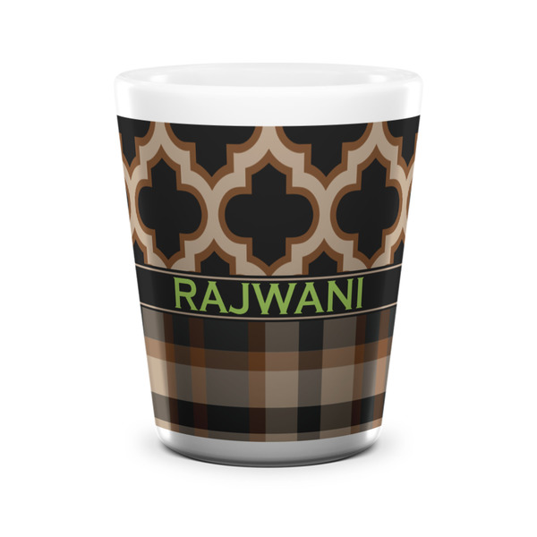 Custom Moroccan & Plaid Ceramic Shot Glass - 1.5 oz - White - Single (Personalized)