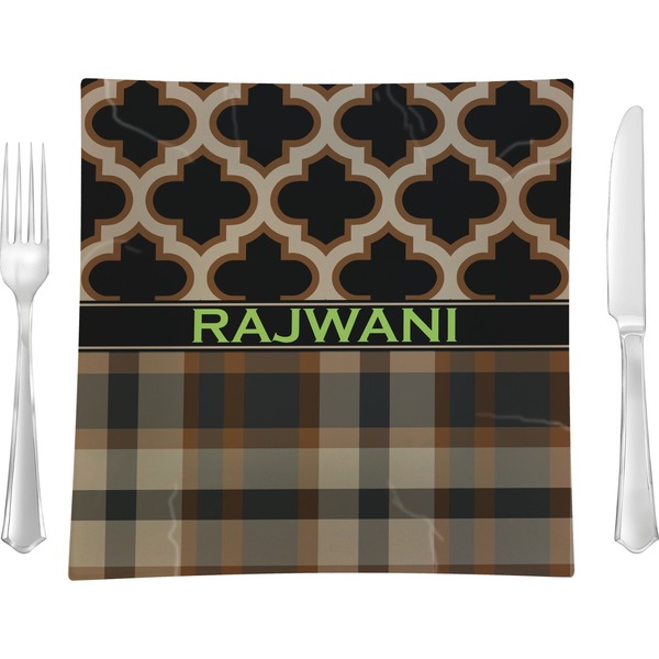 Custom Moroccan & Plaid 9.5" Glass Square Lunch / Dinner Plate- Single or Set of 4 (Personalized)