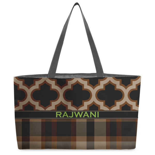 Custom Moroccan & Plaid Beach Totes Bag - w/ Black Handles (Personalized)