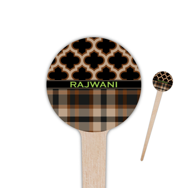 Custom Moroccan & Plaid 4" Round Wooden Food Picks - Single Sided (Personalized)