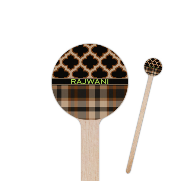 Custom Moroccan & Plaid 6" Round Wooden Stir Sticks - Single Sided (Personalized)
