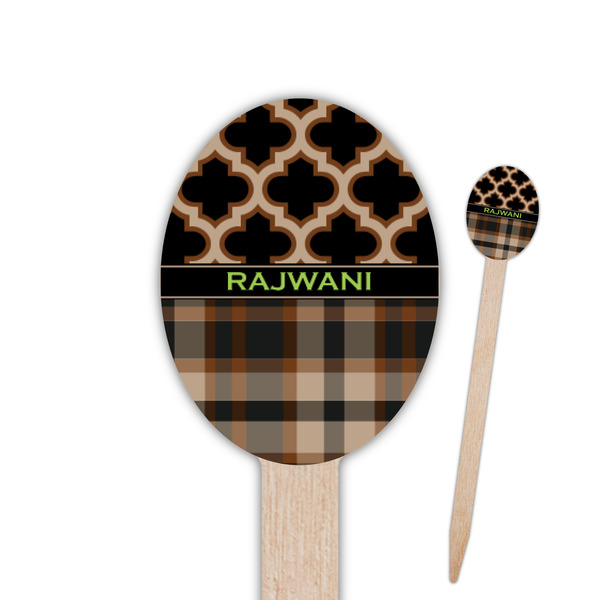 Custom Moroccan & Plaid Oval Wooden Food Picks - Single Sided (Personalized)