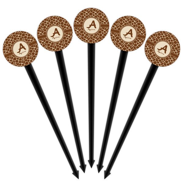 Giraffe Print Black Plastic 4" Food Pick - Round - Fan View