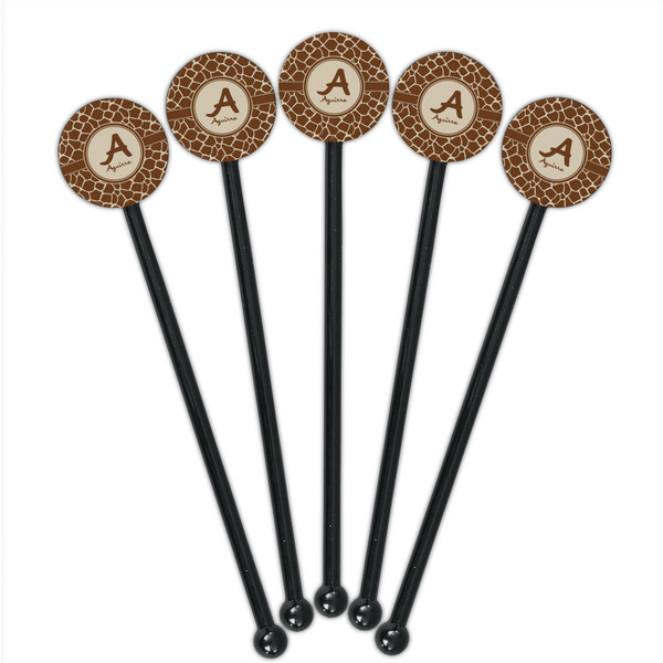 Giraffe Print Black Plastic 5.5" Stir Stick - Round - Fan View