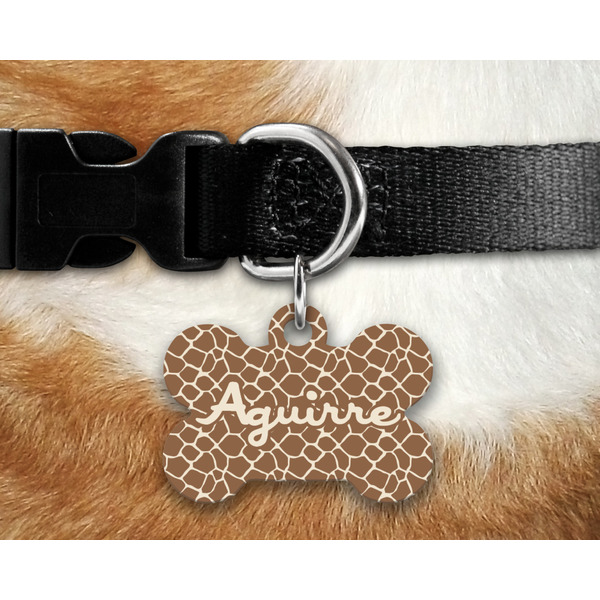 Giraffe Print Bone Shaped Dog Tag on Collar & Dog