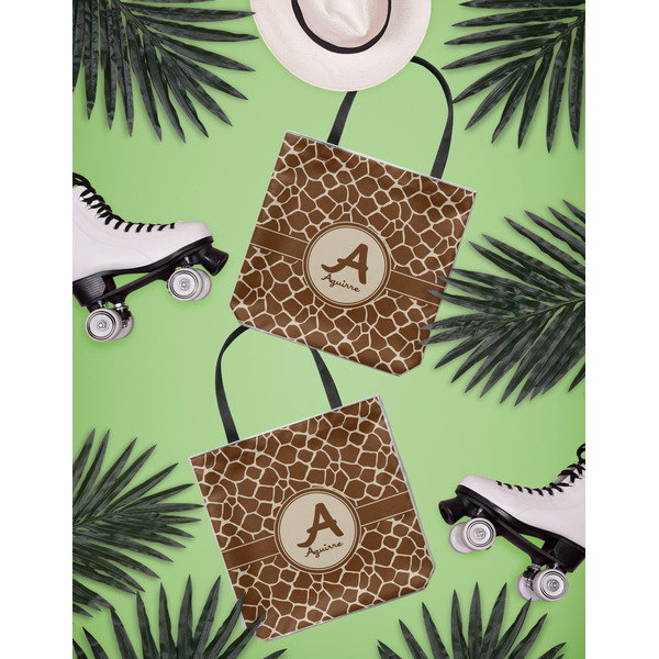 Giraffe Print Canvas Tote Lifestyle Front and Back- 13x13