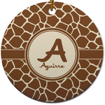 Giraffe Print Round Ceramic Ornament w/ Name and Initial