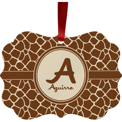 Giraffe Print Metal Frame Ornament - Double Sided w/ Name and Initial