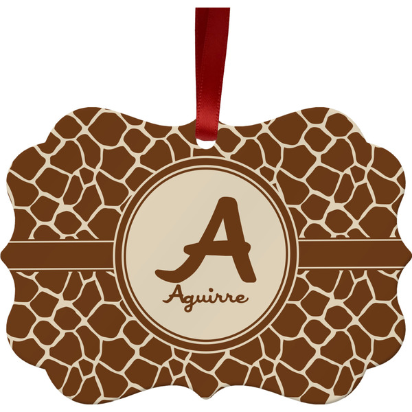 Custom Giraffe Print Metal Frame Ornament - Double Sided w/ Name and Initial