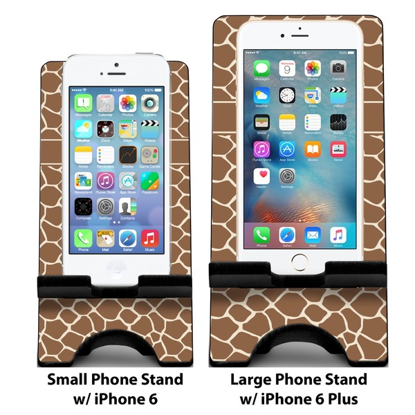 Giraffe Print Compare Phone Stand Sizes - with iPhones