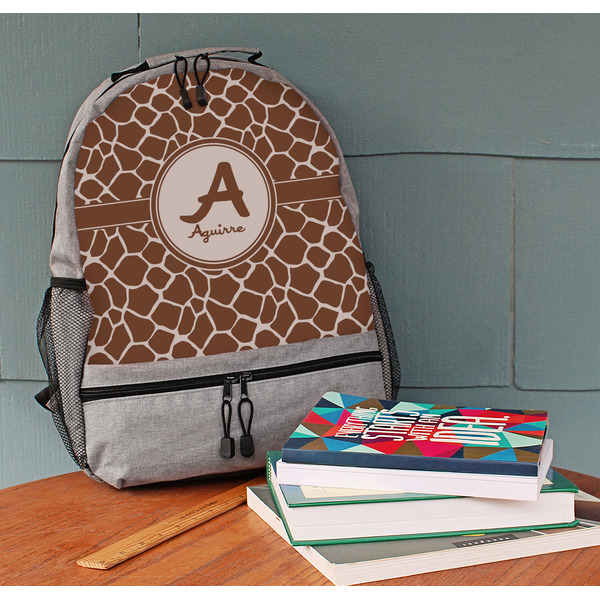 Giraffe Print Large Backpack - Gray - On Desk