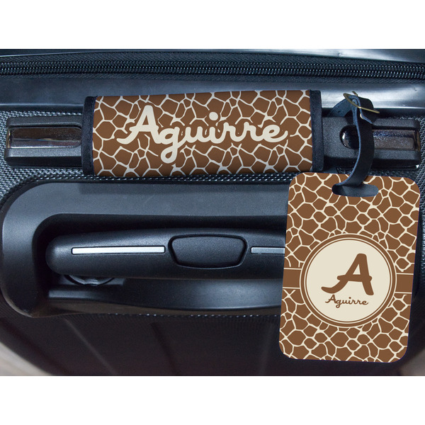 Giraffe Print Metal Luggage Tag & Handle Wrap - In Context
