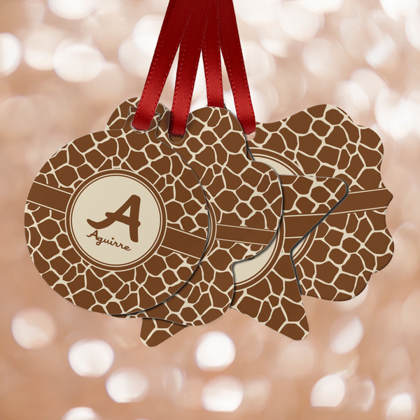 Custom Giraffe Print Metal Ornaments - Double Sided w/ Name and Initial