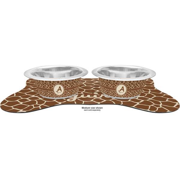 Giraffe Print Metal Pet Bowls - On Dog Bone Shaped Mat