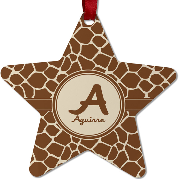 Custom Giraffe Print Metal Star Ornament - Double Sided w/ Name and Initial