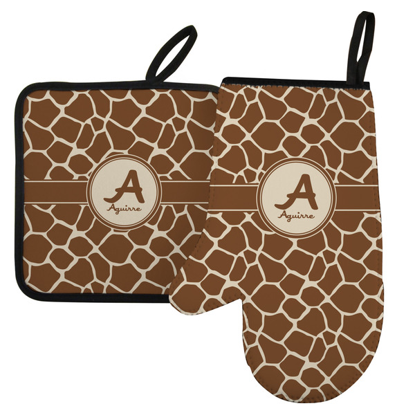 Custom Giraffe Print Left Oven Mitt & Pot Holder Set w/ Name and Initial