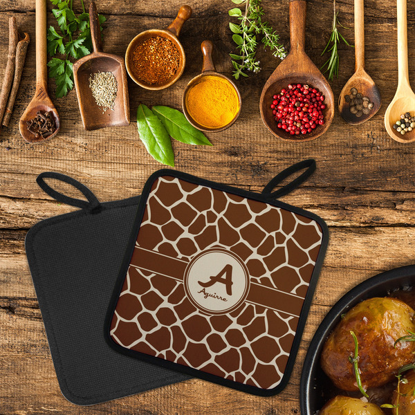 Giraffe Print Neoprene Pot Holder - Set of 2  LIFESTYLE (Flatlay)