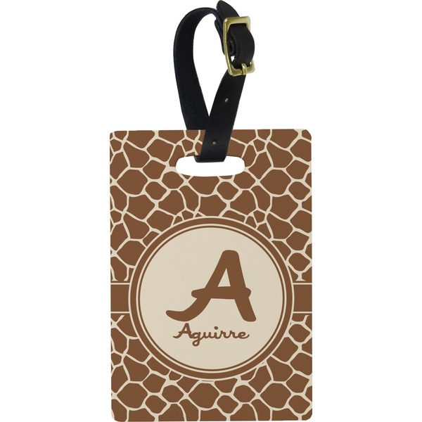 Custom Giraffe Print Plastic Luggage Tag - Rectangular w/ Name and Initial