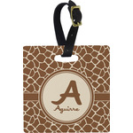 Giraffe Print Plastic Luggage Tag - Square w/ Name and Initial