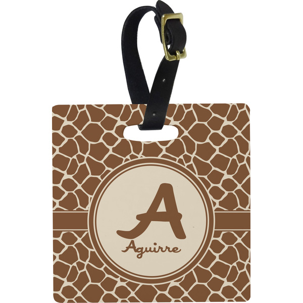 Custom Giraffe Print Plastic Luggage Tag - Square w/ Name and Initial