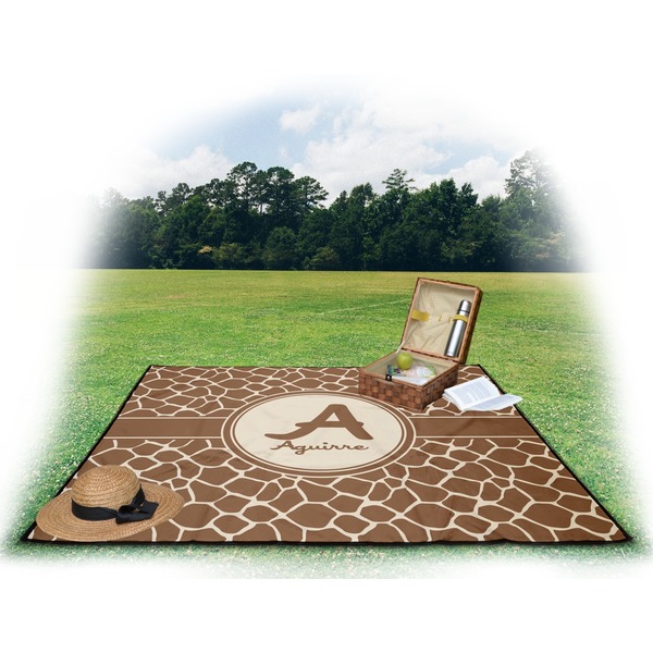 Giraffe Print Picnic Blanket - with Basket Hat and Book - in Use