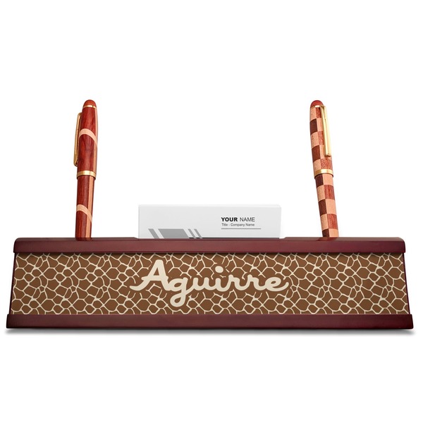 Giraffe Print Red Mahogany Nameplates with Business Card Holder - Straight