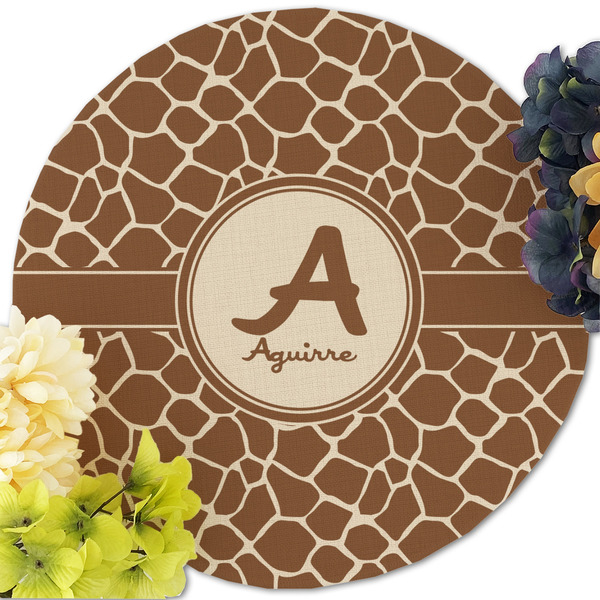 Giraffe Print Round Linen Placemats - Front (w flowers)