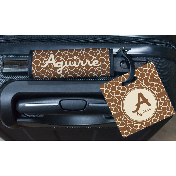 Giraffe Print Square Luggage Tag & Handle Wrap - In Context