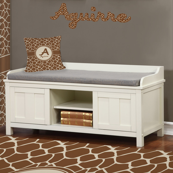 Giraffe Print Wall Name Decal Above Storage bench