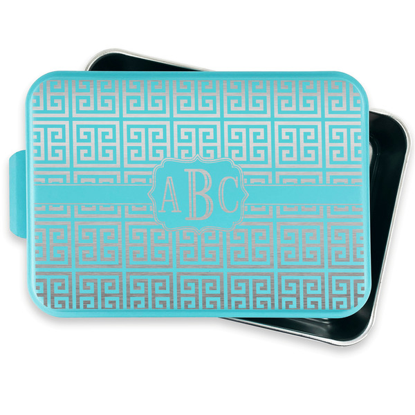 Greek Key Aluminum Baking Pan - Teal Lid - FRONT w/ lid off