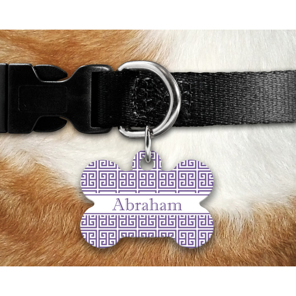 Greek Key Bone Shaped Dog Tag on Collar & Dog