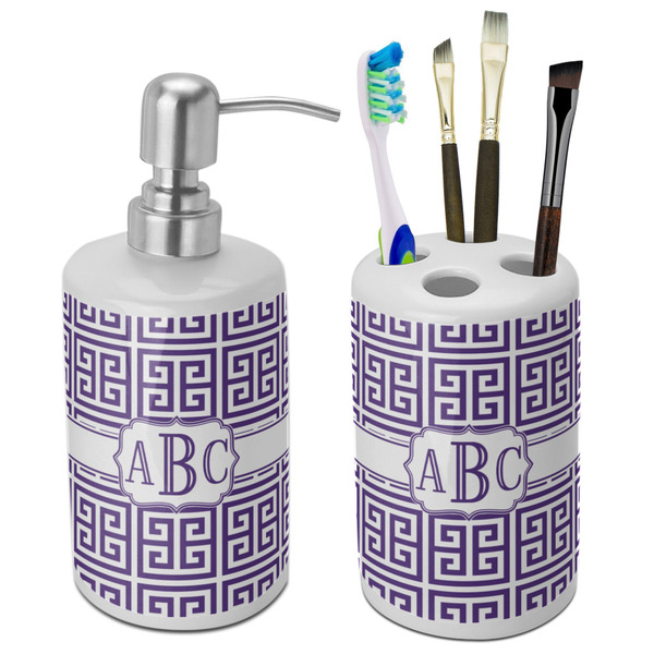 Custom Greek Key Ceramic Bathroom Accessories Set (Personalized)