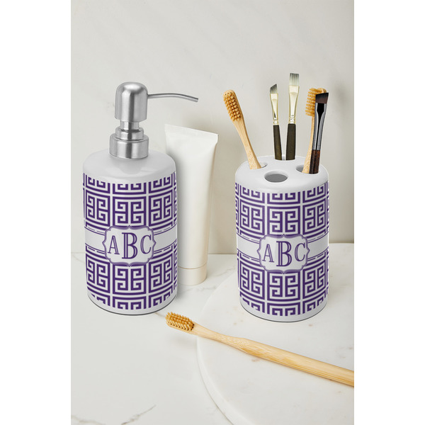 Greek Key Ceramic Bathroom Accessories - LIFESTYLE (toothbrush holder & soap dispenser)