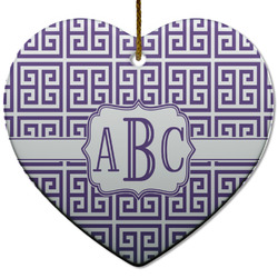 Greek Key Heart Ceramic Ornament w/ Monogram