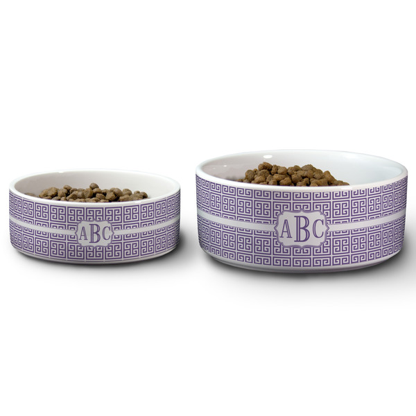 Greek Key Ceramic Dog Bowls - Size Comparison