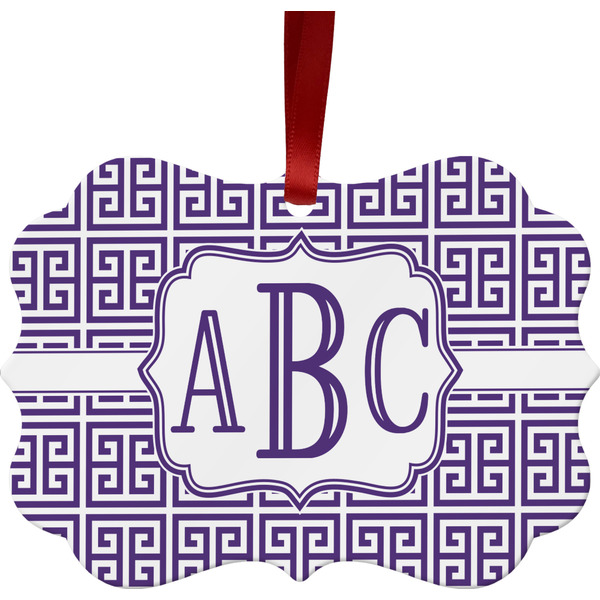 Custom Greek Key Metal Frame Ornament - Double Sided w/ Monogram