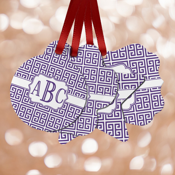 Custom Greek Key Metal Ornaments - Double Sided w/ Monogram