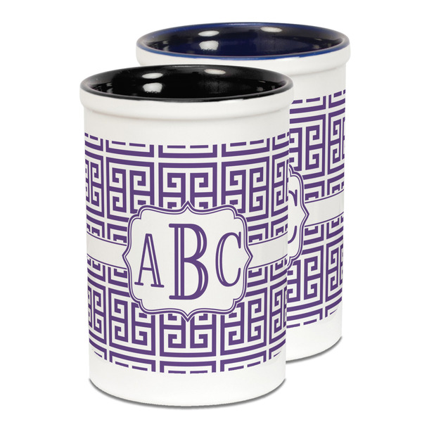 Custom Greek Key Ceramic Pencil Holder - Large