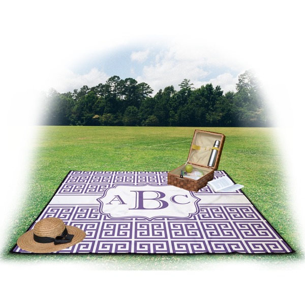 Greek Key Picnic Blanket - with Basket Hat and Book - in Use