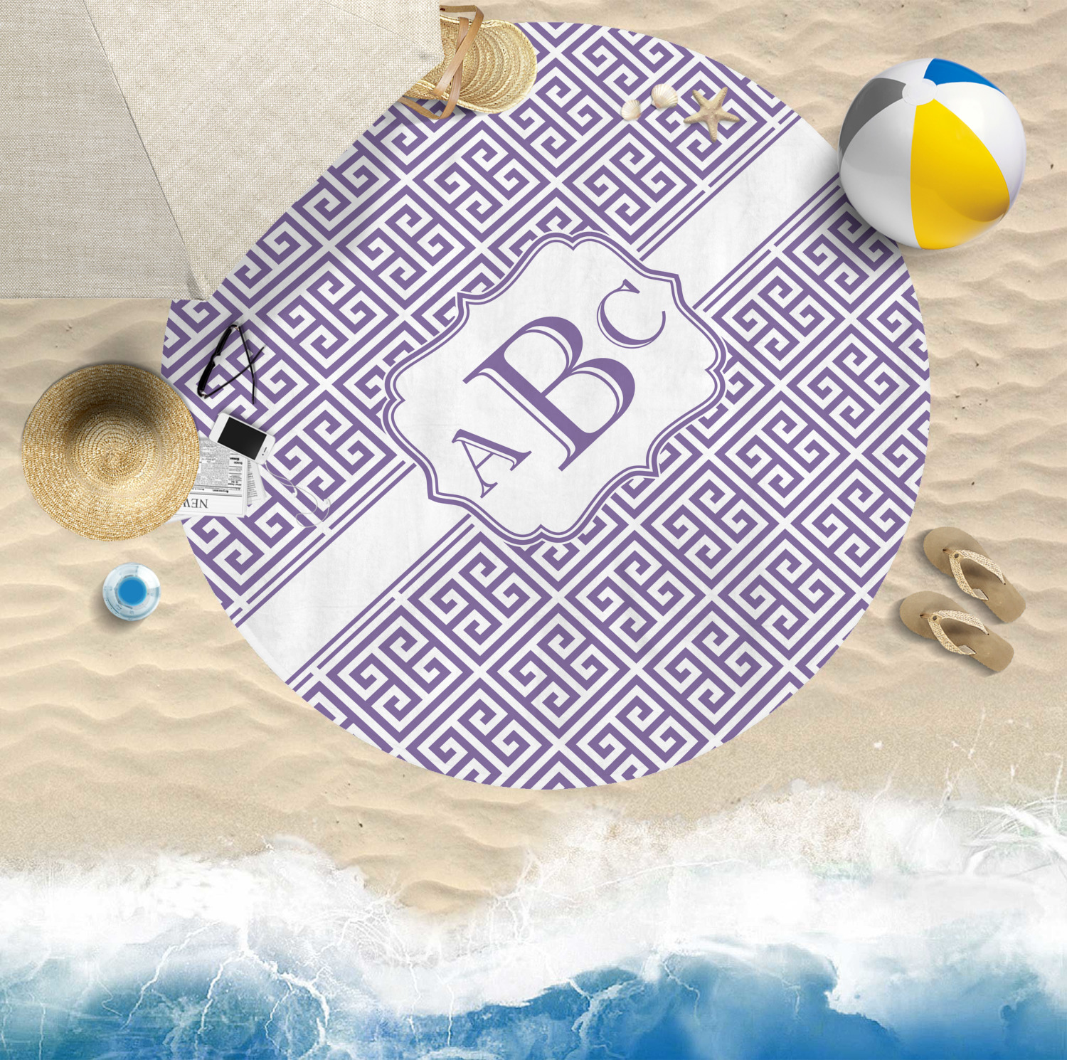 Custom Greek Key Round Beach Towel (Personalized) YouCustomizeIt