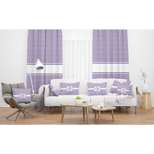 Greek Key Sheer and Custom Curtains in Room with Matching Pillows