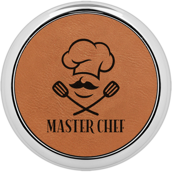 Custom Master Chef Set of 4 Leatherette Round Coasters w/ Silver Edge (Personalized)