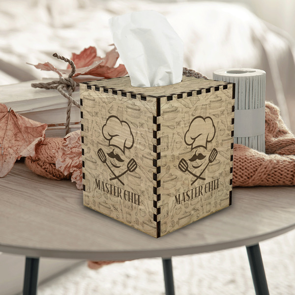 Master Chef Square Tissue Box Covers - Wood - In Context