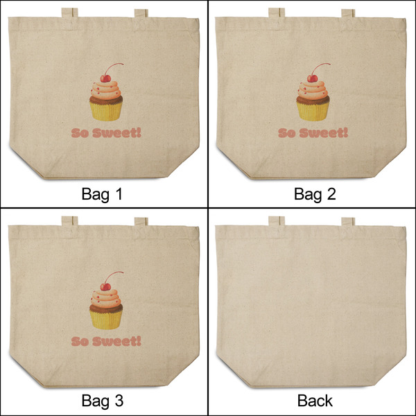 Sweet Cupcakes 3 Reusable Cotton Grocery Bags - Front & Back View