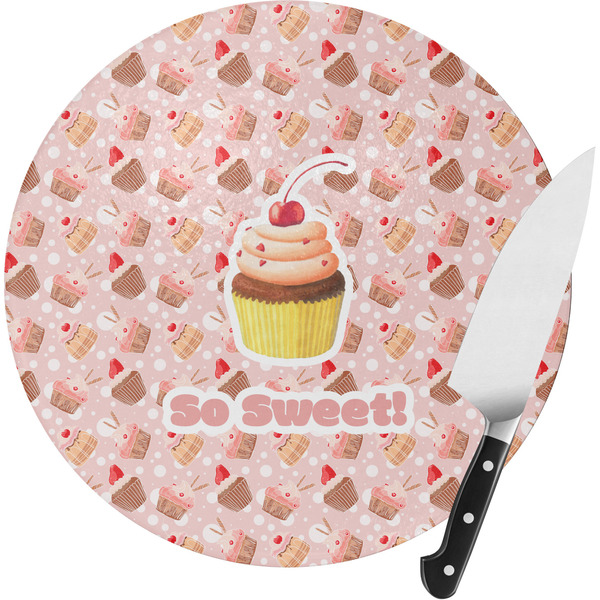 Custom Sweet Cupcakes Round Glass Cutting Board - Small (Personalized)