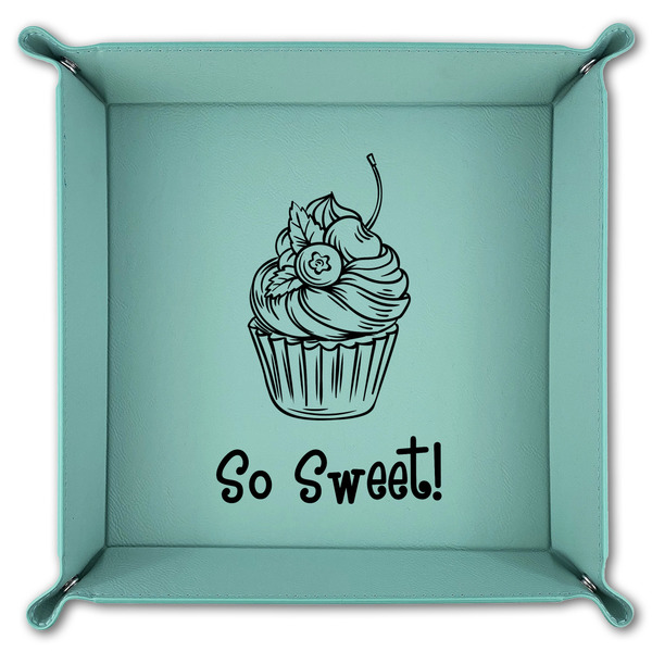 Sweet Cupcakes 9" x 9" Teal Leatherette Snap Up Tray - FOLDED