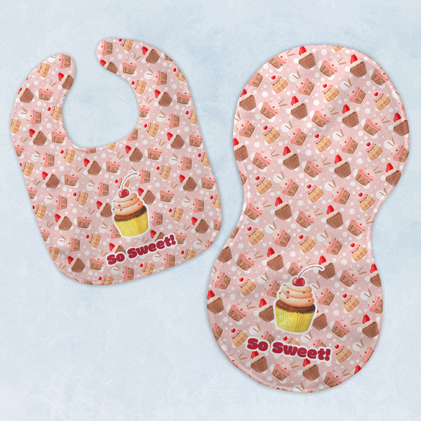 Custom Sweet Cupcakes Baby Bib & Burp Set w/ Name or Text