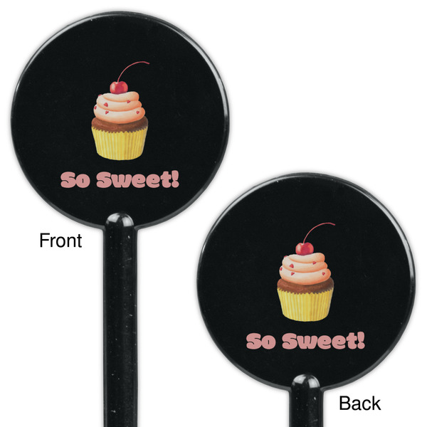 Sweet Cupcakes Black Plastic 5.5" Stir Stick - Double Sided - Round - Front & Back